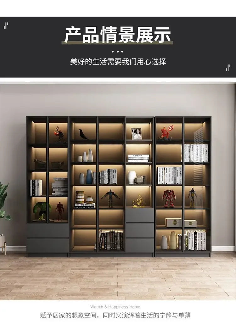 Modern Dust-Proof Bookcase with Glass Door Display Cabinet Modern Luxury Customized Home Living Room Integrated Bookshelf
