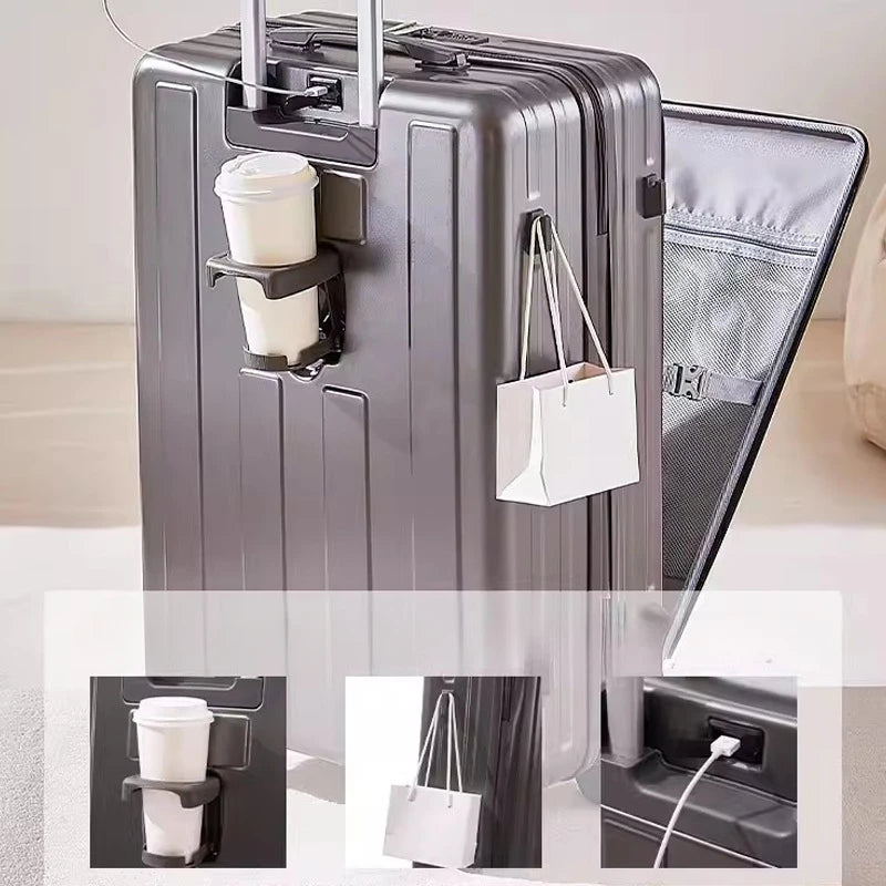 Multifunction Large Capacity Luggage Business Carry on Boarding USB Charging Cup Holder Front Opening Lid Trolley Suitcase