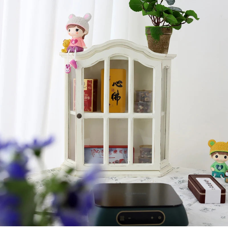 ‌Rustic Farmhouse Display Cabinet with Glass Doors Distressed White Solid Wood Storage Organizer for Kitchen/Office Vintage