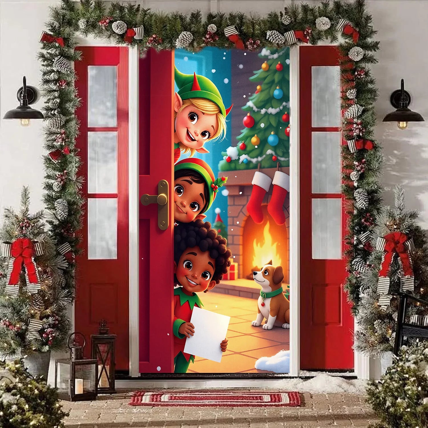 1pcs 2D Christmas Theme Door Cover Banner 2026 New Year Living room Decor Xmas Navidad Santa Snowman animals decor Favor Gift