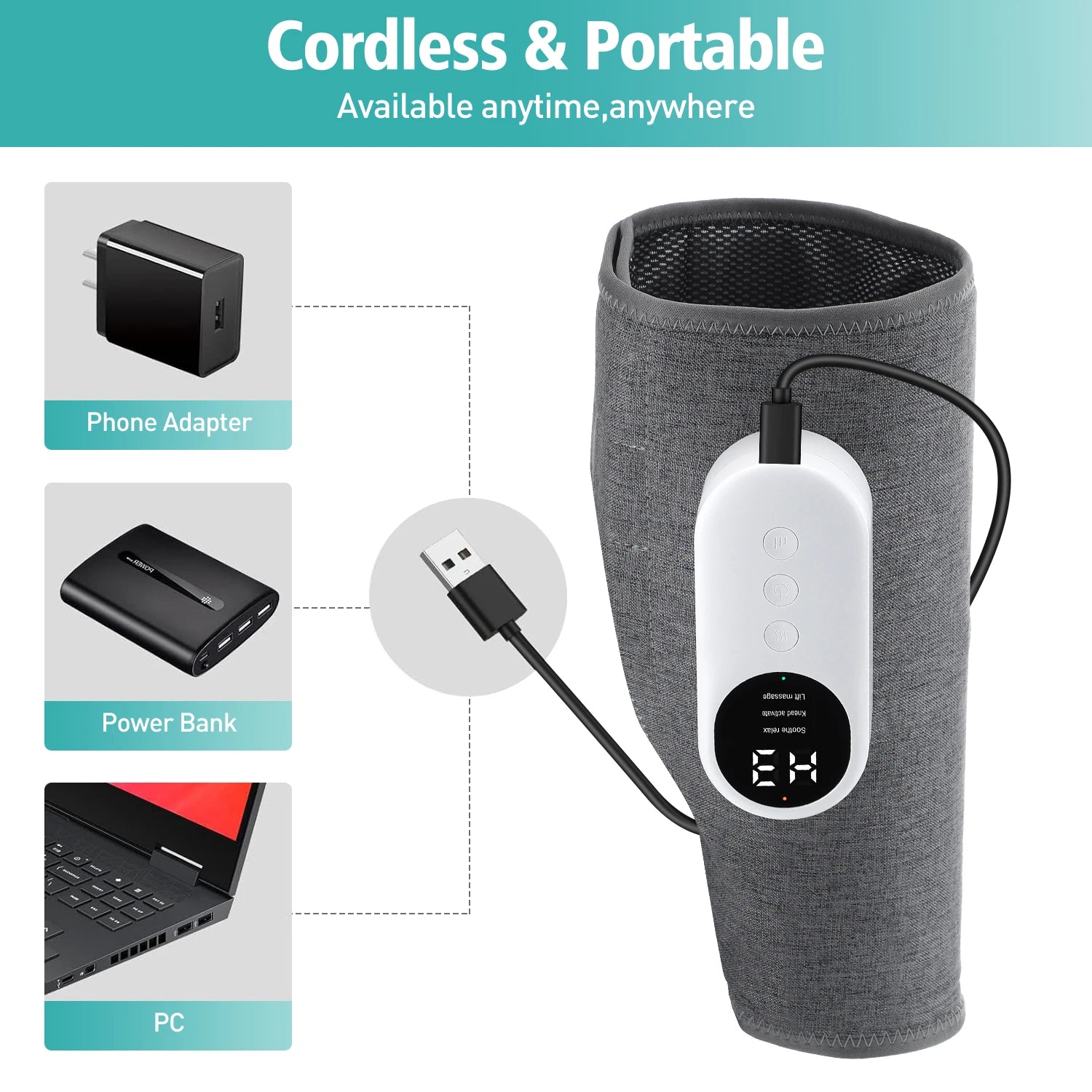 Electric Wireless Pneumatic Calf Massager 360° Leg Arm Massage 3 Mode Hot Compress Heated Foot Muscle Relax