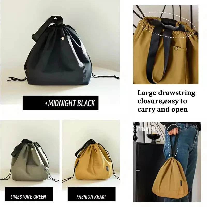 Japanese Korean Lunch Bag Cotton Canvas Large Solid Color Drawstring Portable Thermal Insulated Picnic Storage Bento Box Bag