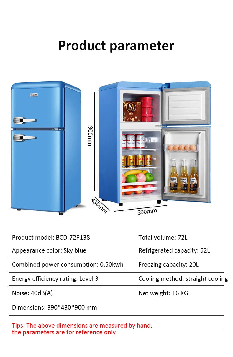Double Door Refrigeration Freezing Mini Small Medium Silent Energy-saving Retro Refrigerators with Handle for Office Home Hotel
