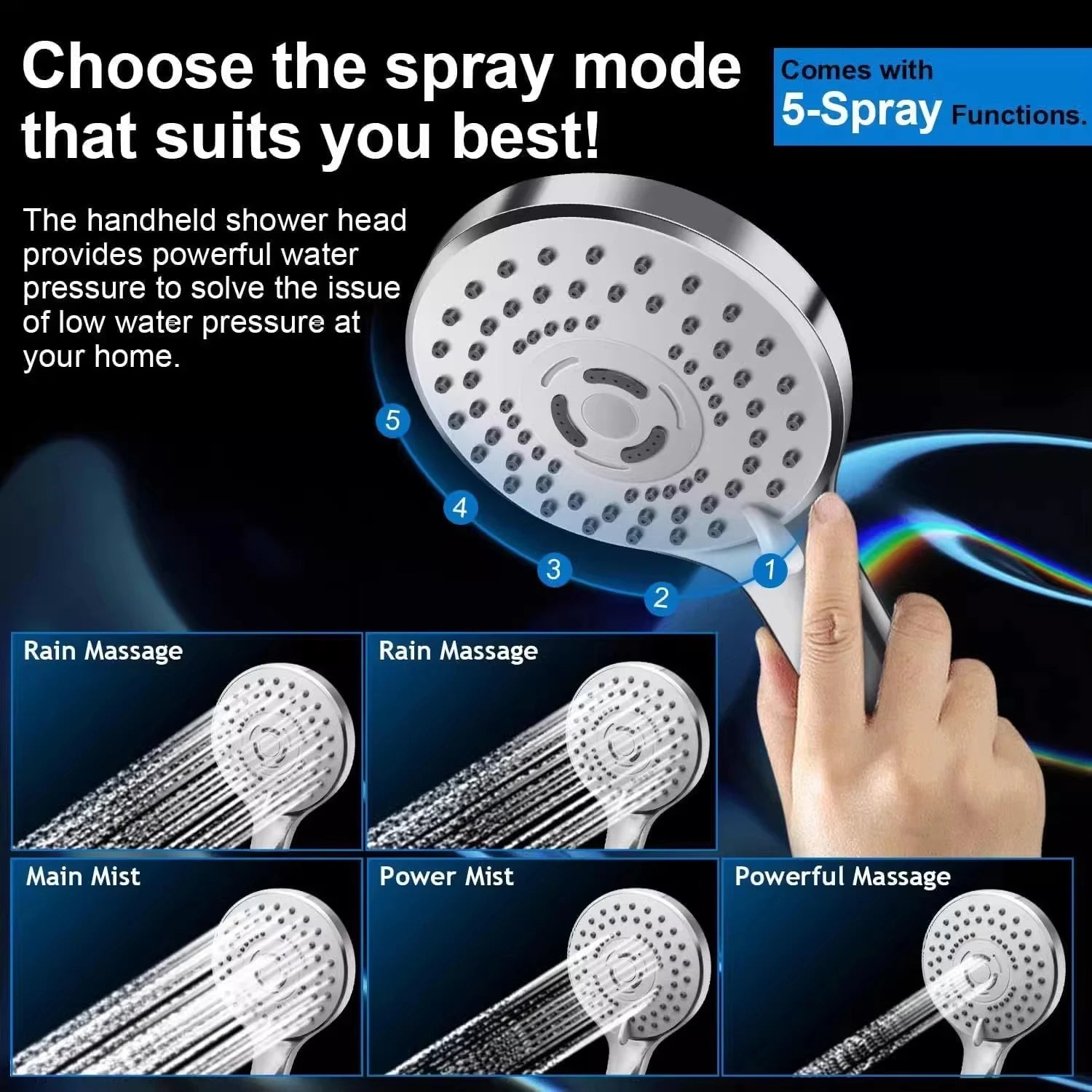 8/10/12-inch stainless steel 5-mode overhead showerhead with extension arm and multi-function wall-mounted hand shower set