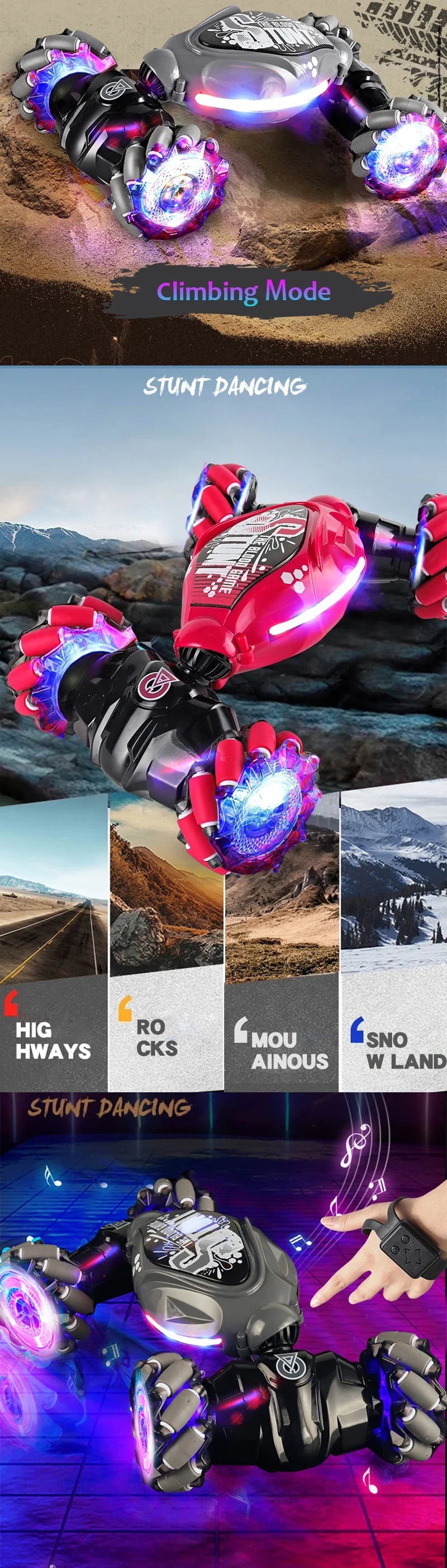 4WD RC Drift Car With Music Led Lights 2.4G Gesture Radio Remote Control Spray Stunt Car 360° Rotating Climbing Car Toys Gift