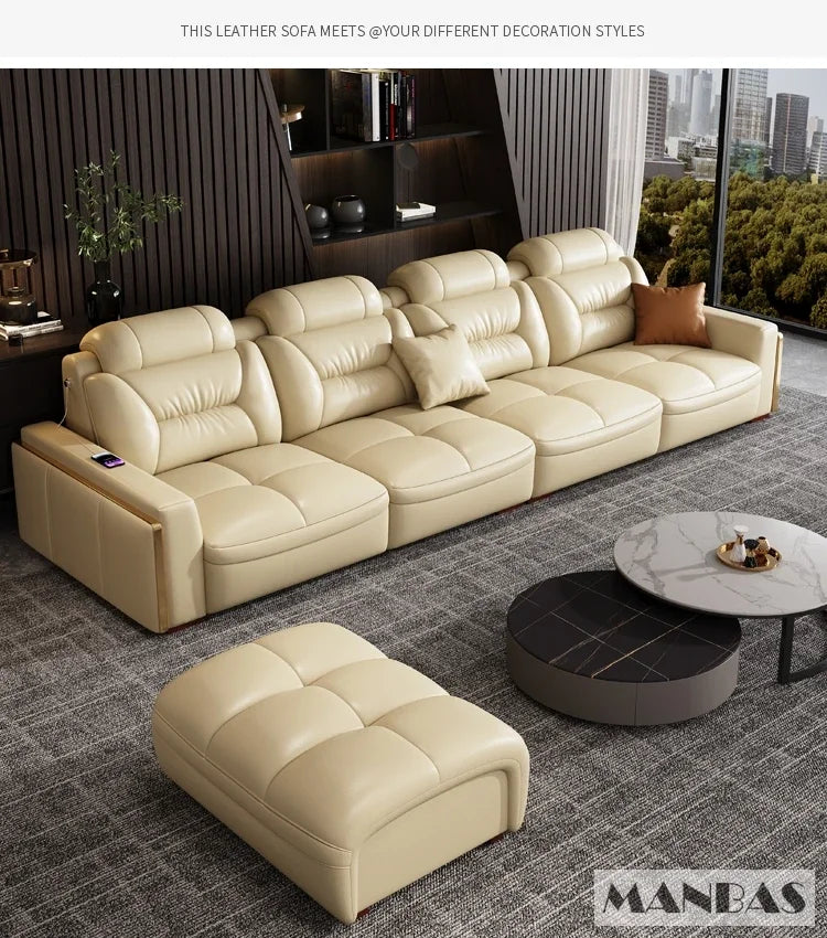 Premium Italian Genuine Leather Sectional Sofa Sets Couch Sofas with USB and Bluetooth Speaker - MANBAS Living Room Furniture