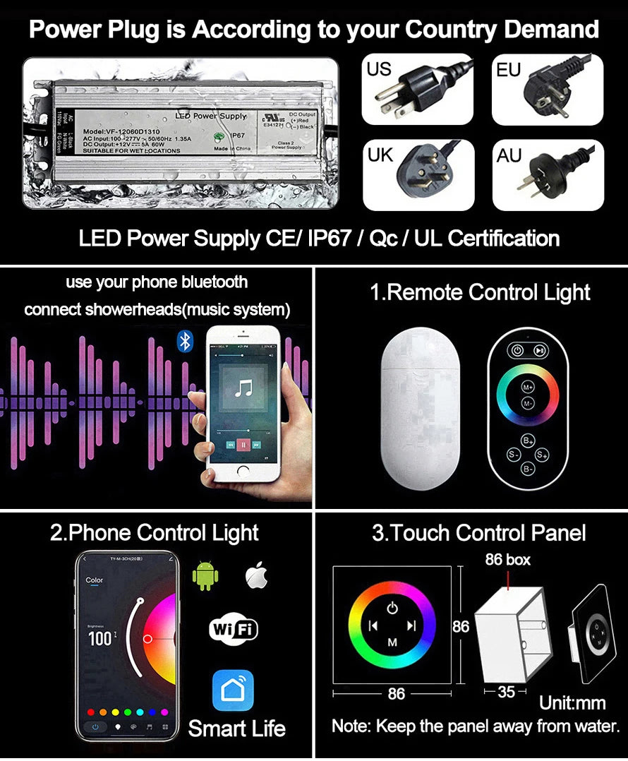 M Boenn Large 23 ×31 Inch Music LED Shower Head Rainfall Thermostat Shower System Bathroom Faucet Set Powerful Massage Body Jet