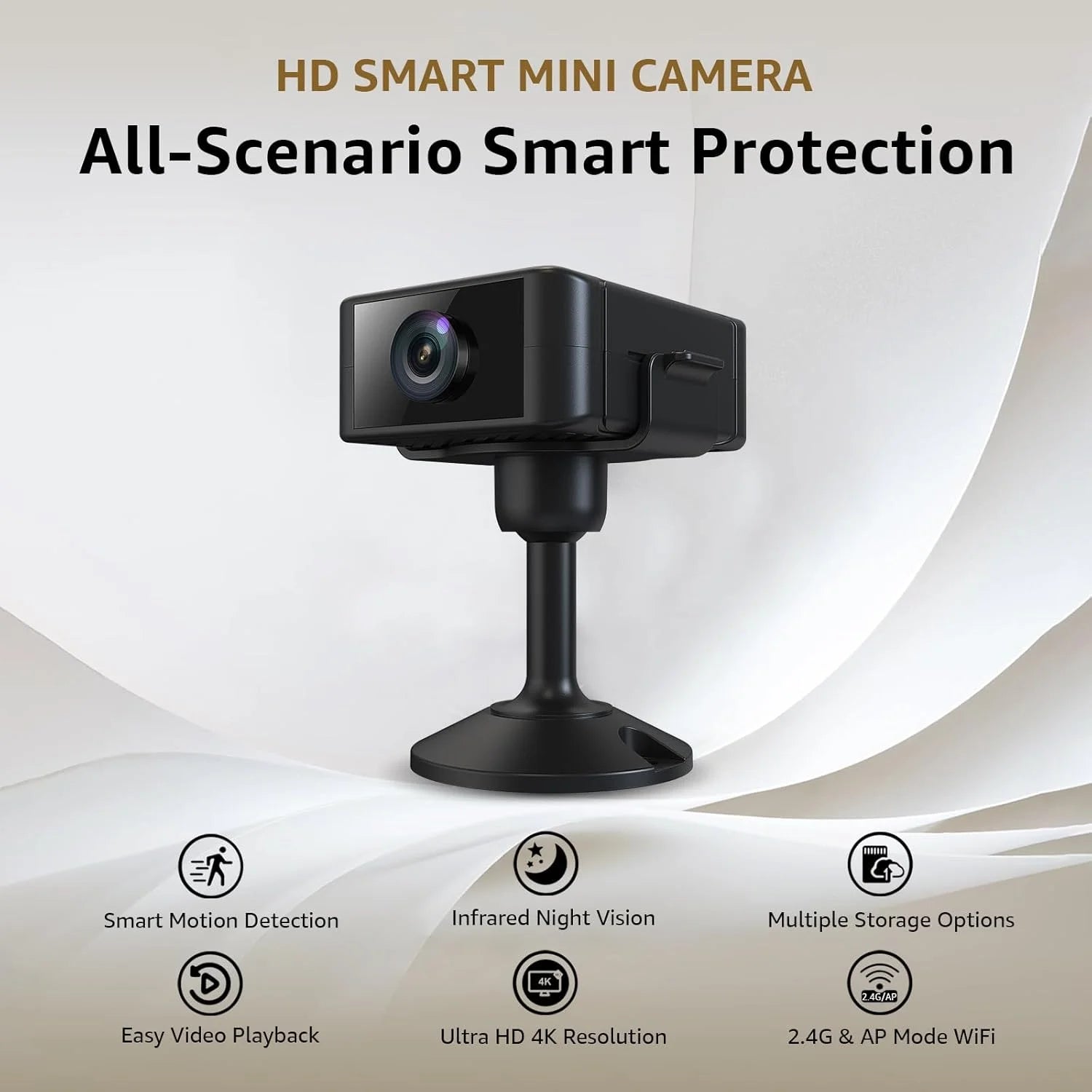 Indoor 4K Security Mini Camera Night Vision 4H Battery Life Motion Detection Alerts SD/Cloud Storage Phone App Control Baby Cam