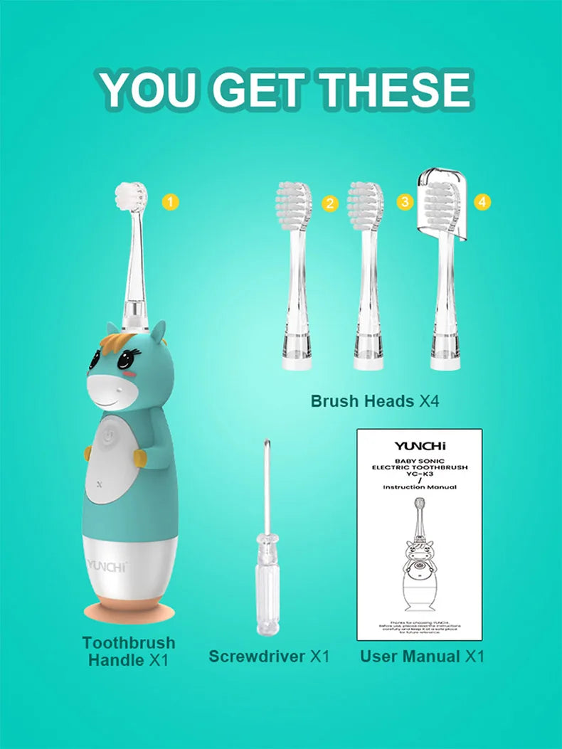 Toddler Sonic Electric Toothbrush for Baby with Cute Unicorn Cover and Smart LED Timer Soft Microfiber Bristles 4 Brush Heads