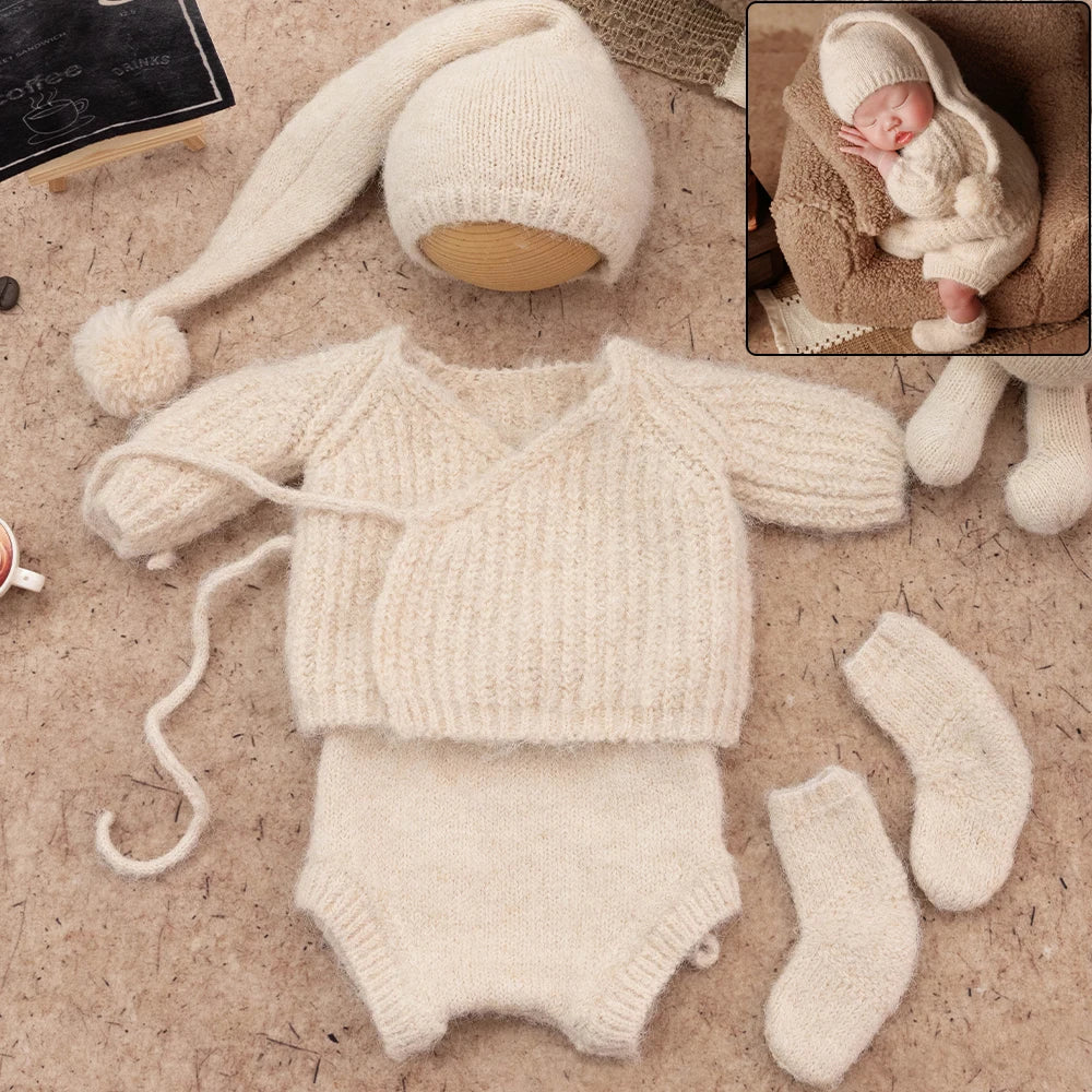 0-1 Month Newborn Photography Scenes Props Knitted Baby Costume Set Teddy Bear Doll Coffee Maker Props Studio Photo Accessories