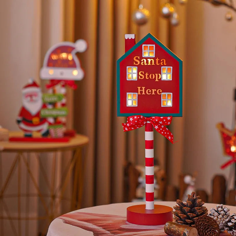 Christmas Retro Lamp LED Light Santa Stop Here Street Sign Xmas Wooden Desktop Home Decoration Navidad 2025 New Year Kids Gift