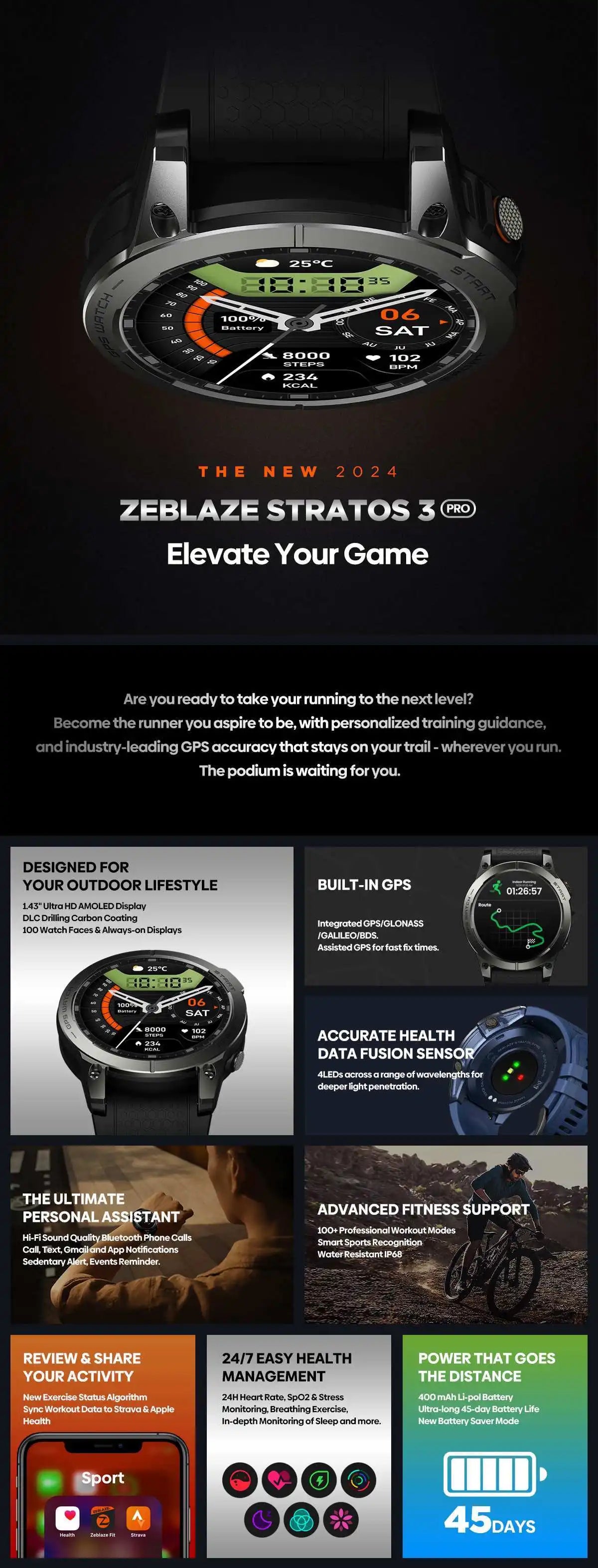 New Zeblaze Stratos 3 PRO GPS Smart Watch 1.43” HD AMOLED Display Built-in GPS Bluetooth Phone Calls Sports Smartwatch for Men