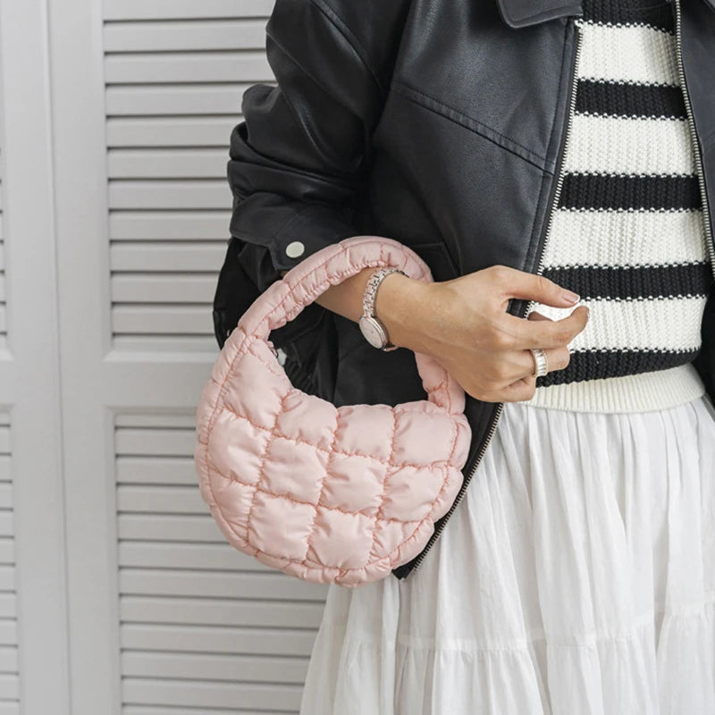 Candy bag Fashion Mini Puffer Tote Bag Quilted Circle Phone Purse  Elegant  Soft Nylon Padded Key Pouch Simple Trend Handbag