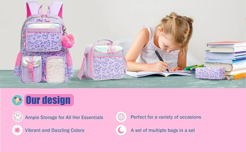 Meetbelify Backpack for Girls Schoolbag Aesthetic Backpack for Elementary Student Teen Girls Bookbag with Lunchbox and Penbag