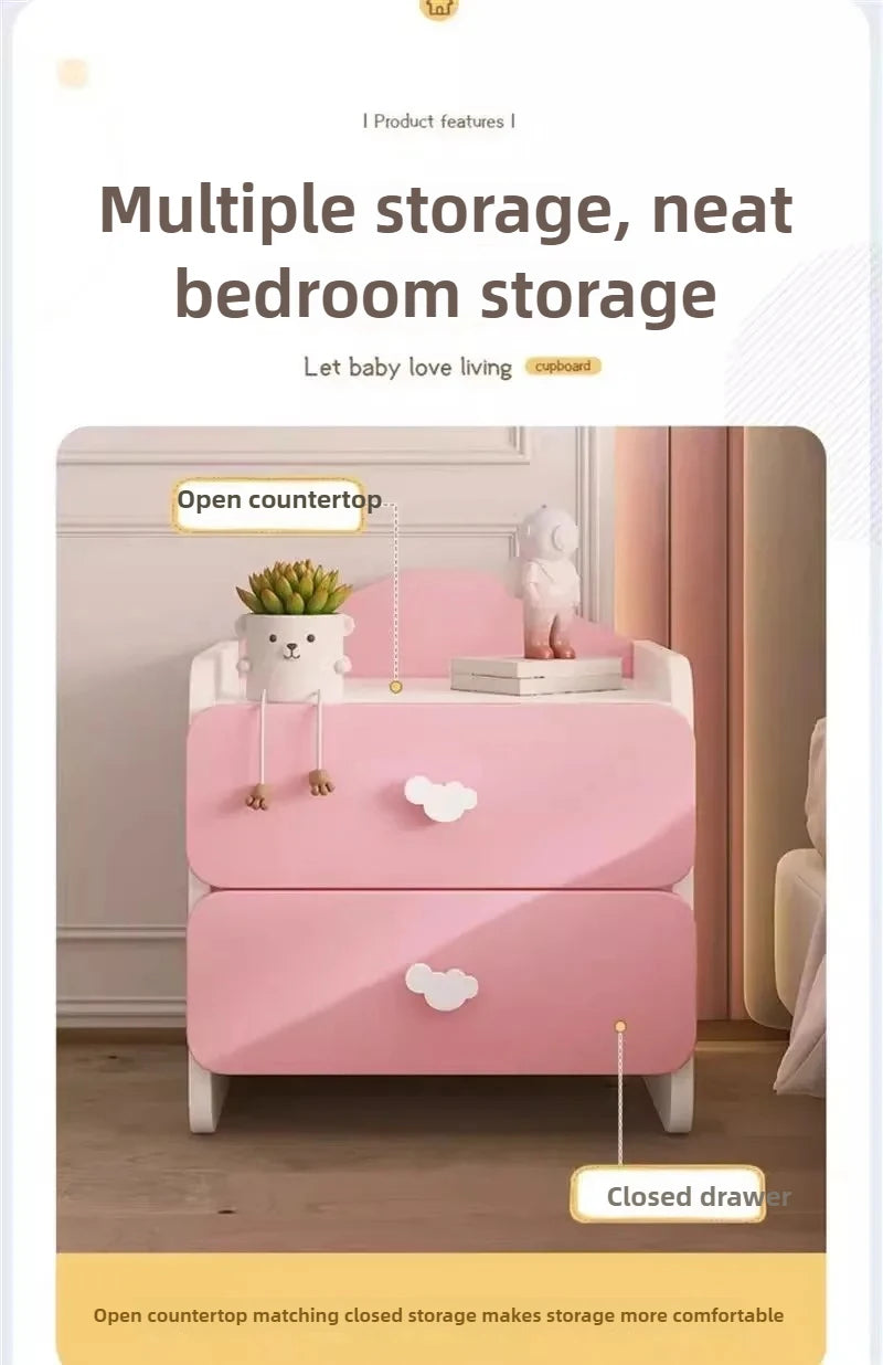 Modern Nightstand with Double Drawers Cute Kid's Bedside Table Multi-Functional White Cabinet for Girls' Bedrooms