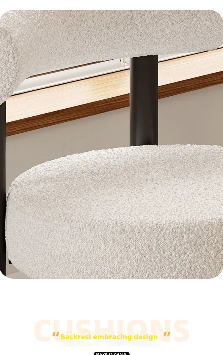 Cloud Vanity Stool Plush Lambwool Round Silhouette, Bedroom Makeup Chair with Designer Cloud Aesthetic Ergonomic Lumbar Support