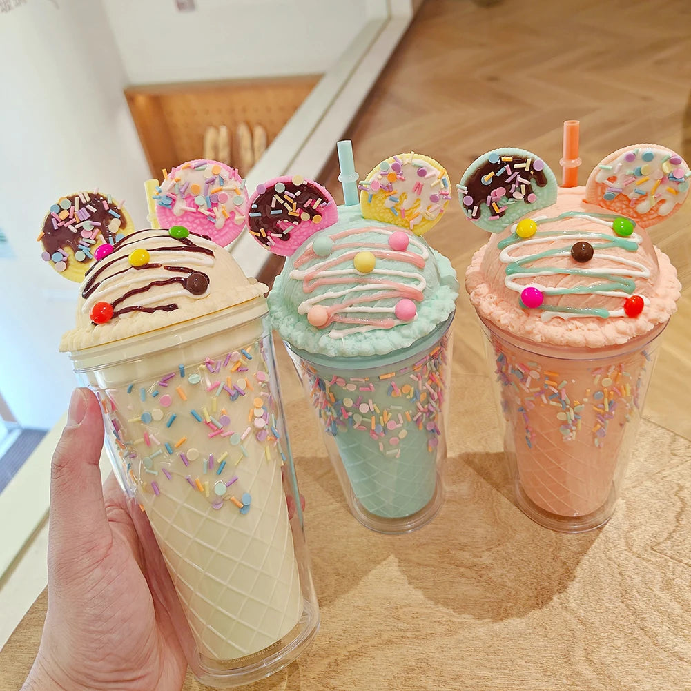 450ml Cute Straw Cup,Ice Cream Lids for Stanley Tumbler,Reusable Plastic Cups,Summer Drinkware Cold Brew,Girl Water Bottle Gift