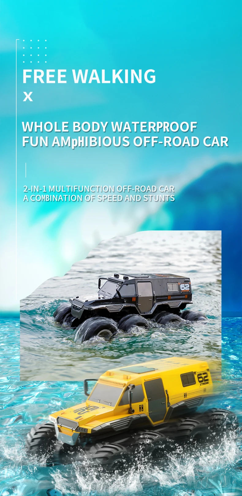 ﻿ JJRC Q137 8x8 2.4G Remote Control Car 8wd Off-road Amphibious Stunt Vehicle 8-Wheel Speed Racing Truck Waterproof Crawler Toys