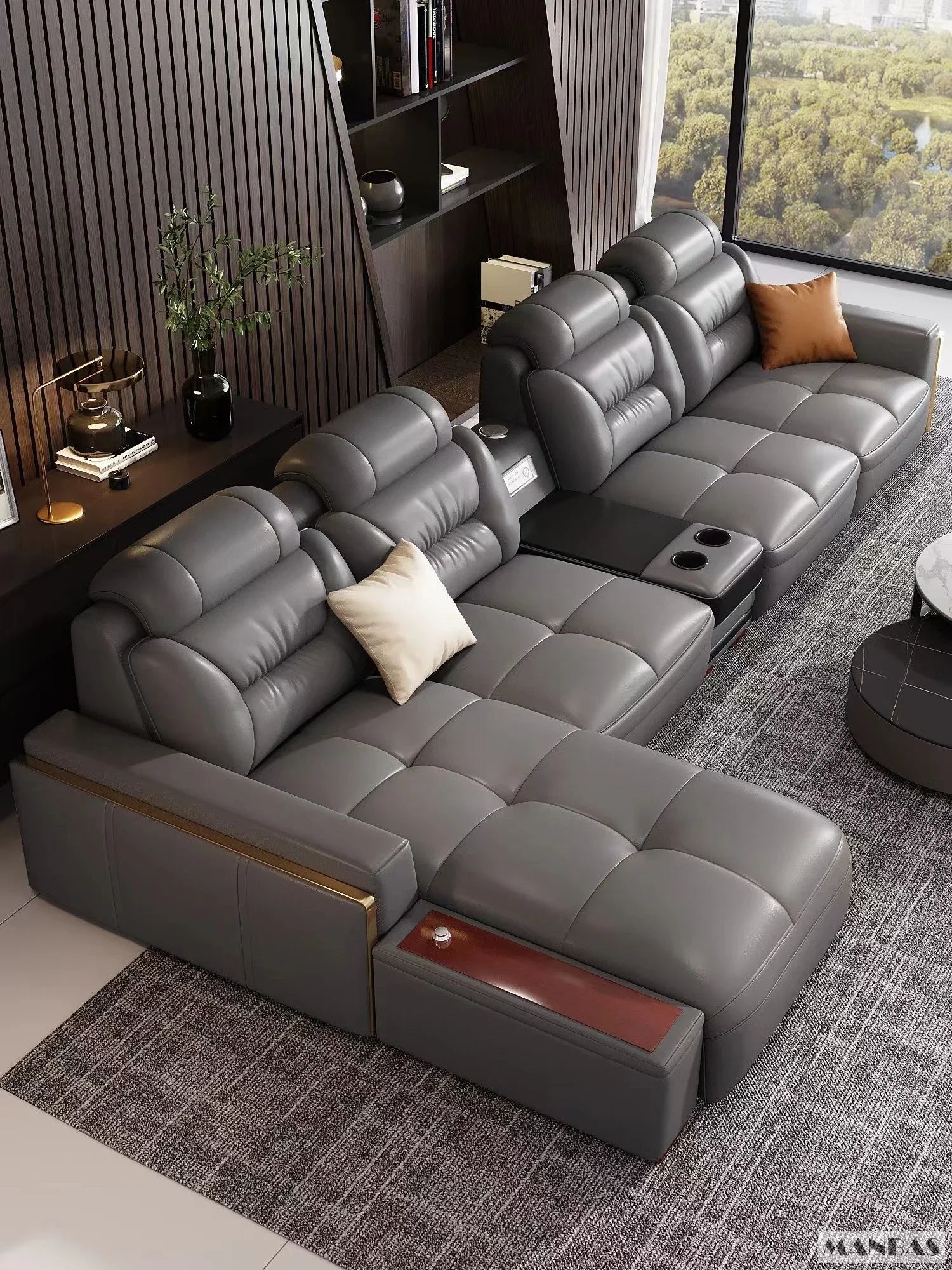 Premium Italian Genuine Leather Sectional Sofa Sets Couch Sofas with USB and Bluetooth Speaker - MANBAS Living Room Furniture