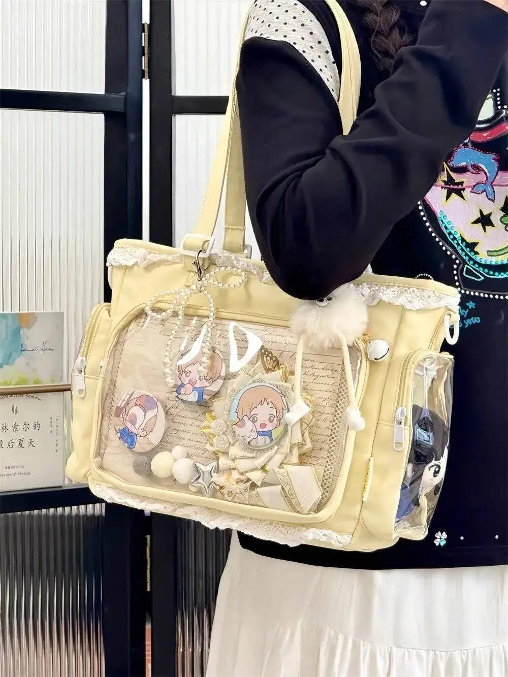 New Y2K Cute Japanese Ita Bag Lolita Girl Transparent Shoulder Tote Bag Large Capacity Crossbody Casual Bag DIY Display Handbags