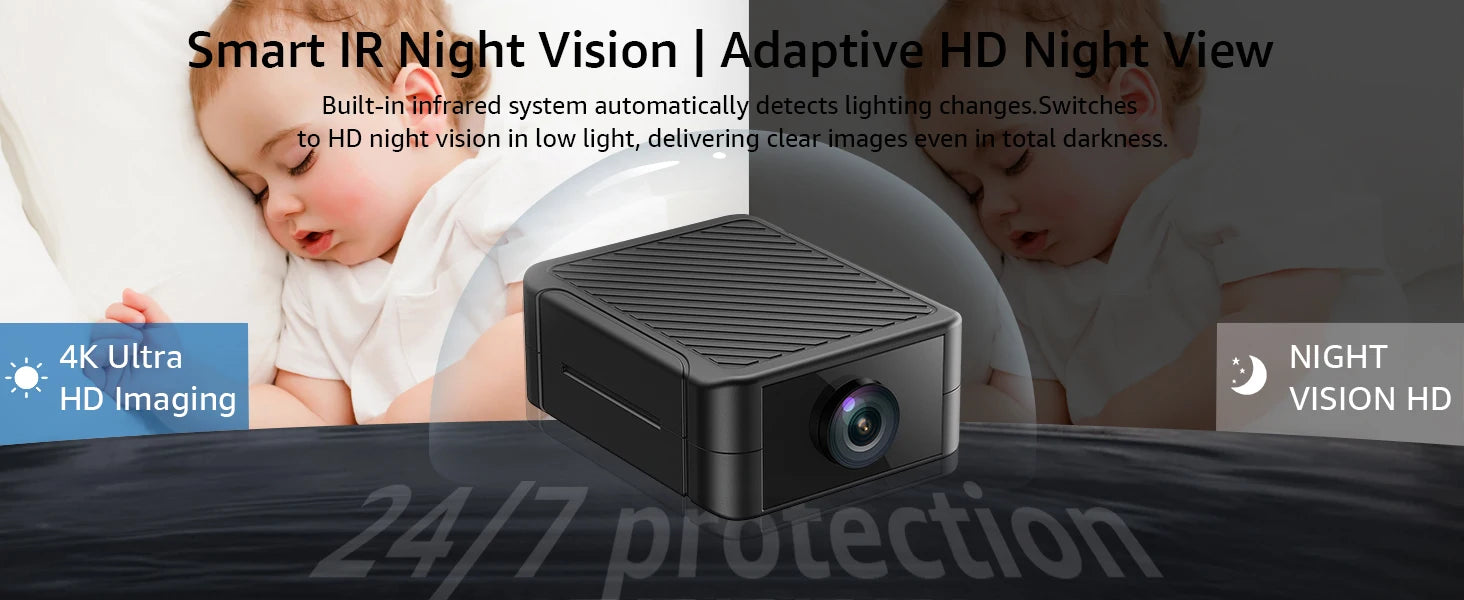 Indoor 4K Security Mini Camera Night Vision 4H Battery Life Motion Detection Alerts SD/Cloud Storage Phone App Control Baby Cam
