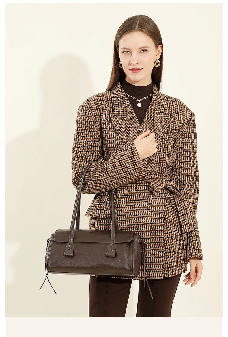 2025 New Genuine Leather Women's Shoulder Bag Large Capacity Cowhide Luxury Handbag Long Strip Black Baguette Bag Female