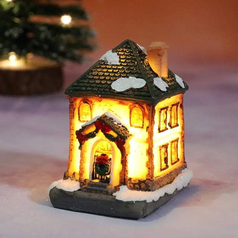 Christmas Decoration House LED Light Xmas Durable Ornaments Small Resin Mini House Miniature Village Building for Home Kids Gift