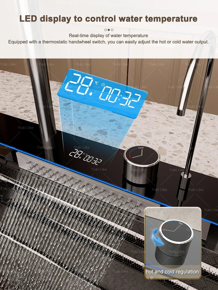 Stainless Steel Waterfall Kitchen Sink New Embossed Extra Large Single Slot Modern Digital Display Dishwashing Basin