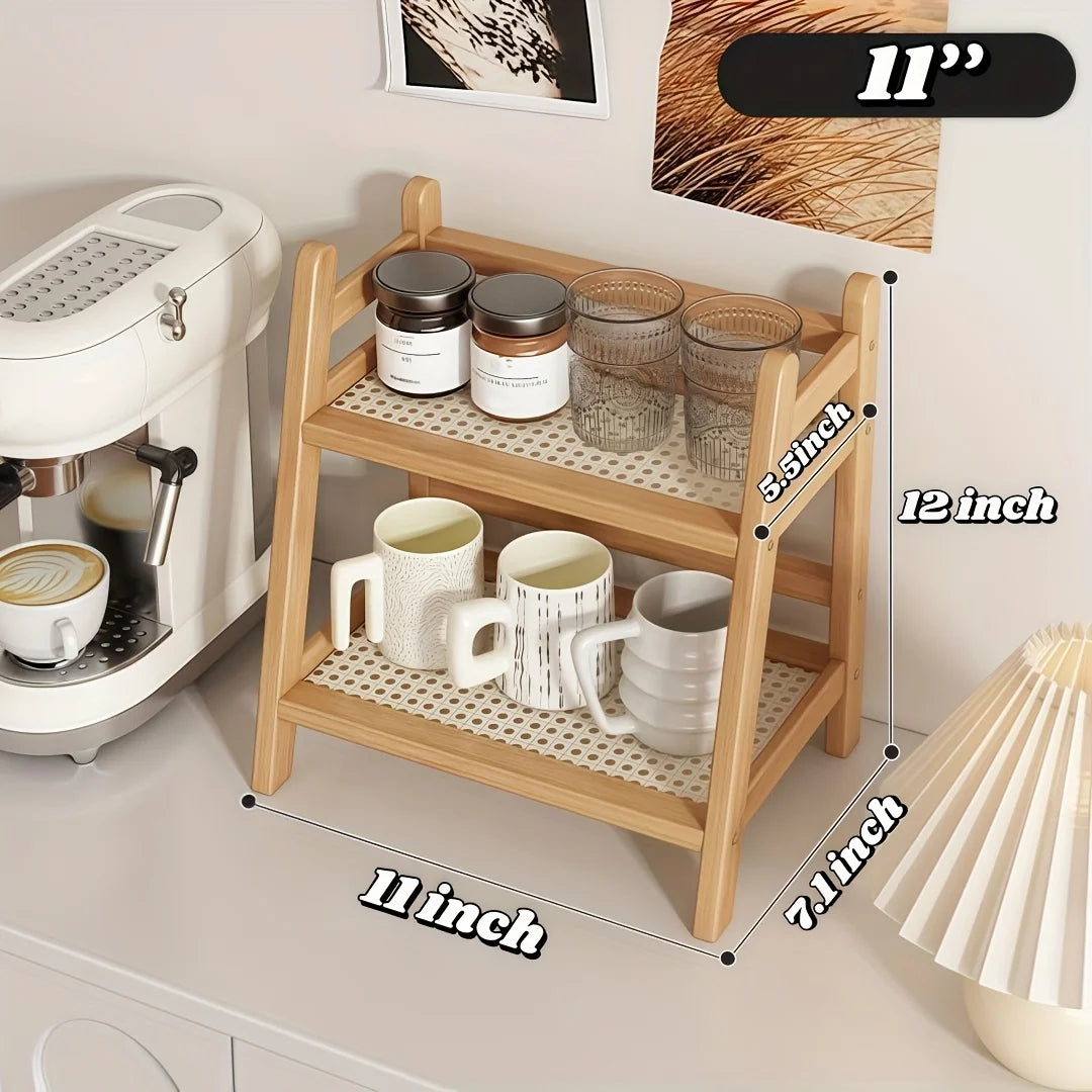 2-Tier Bamboo Shelf, Bohemian Wood Finish. Perfect for Mugs, Plants, Cosmetics & More. Save Space, Stylish Storage!