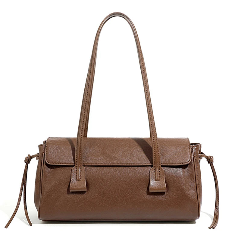 2025 New Genuine Leather Women's Shoulder Bag Large Capacity Cowhide Luxury Handbag Long Strip Black Baguette Bag Female