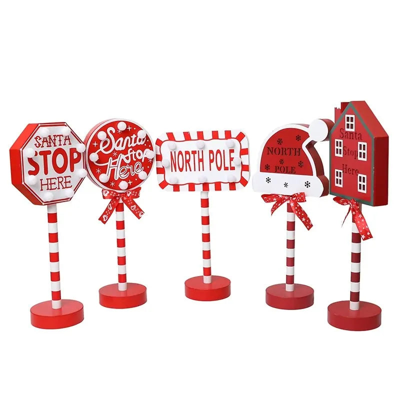 Christmas Retro Lamp LED Light Santa Stop Here Street Sign Xmas Wooden Desktop Home Decoration Navidad 2025 New Year Kids Gift