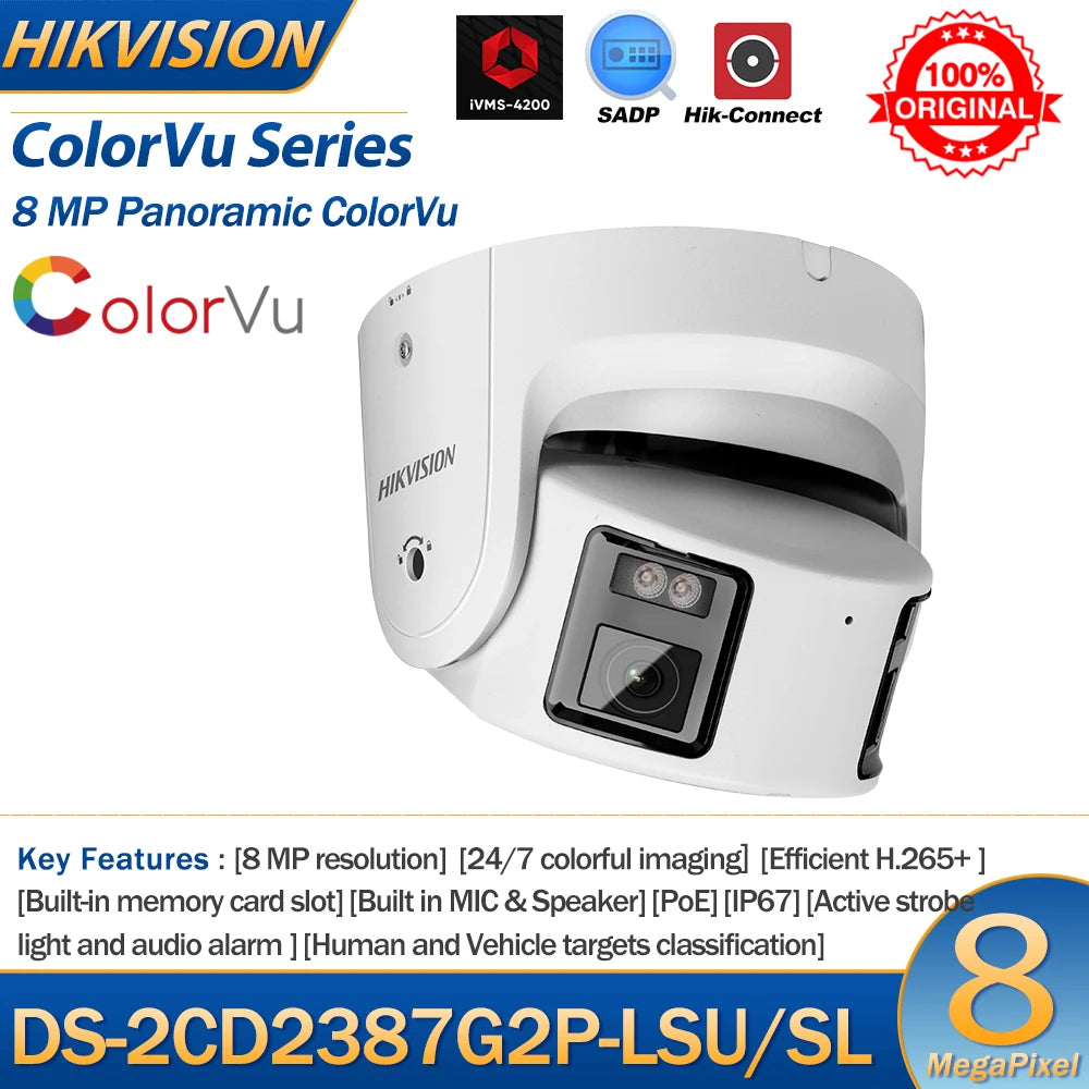 Hikvision 8MP Camera DS-2CD2387G2P-LSU/SL 4K Turret Panoramic ColorVu Color Night Built-in Mic Speaker Strobe Light Audio Alarm