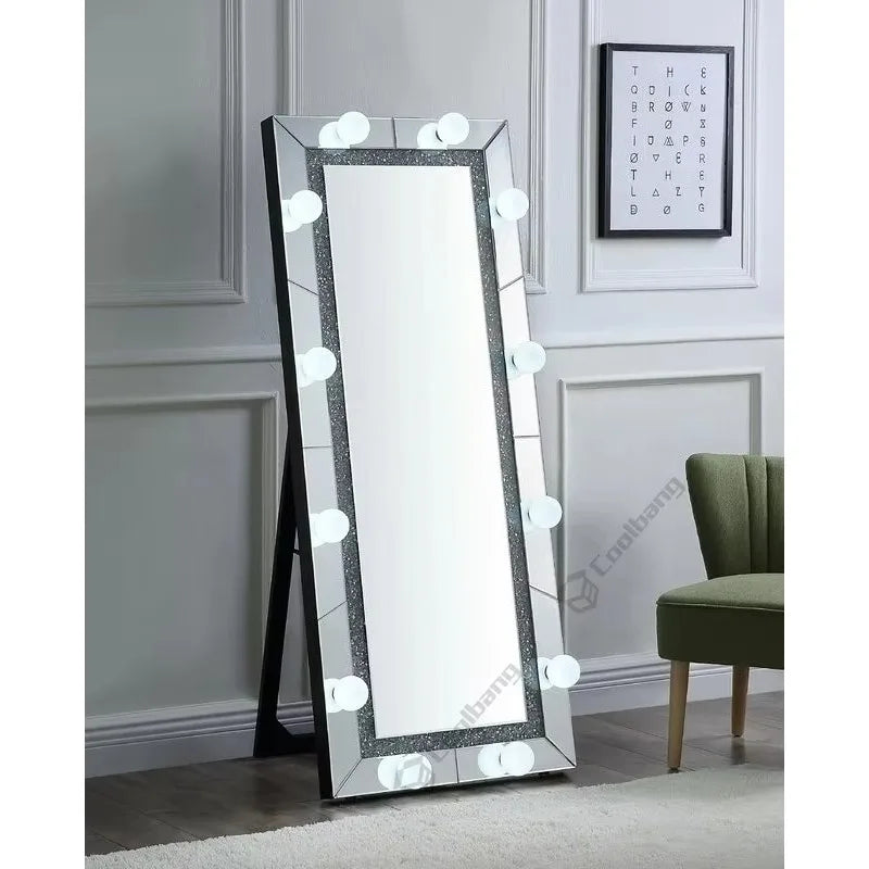 Hot Sale Crushed Diamond Hollywood Luxury Style Dressing Mirror LED Bulbs Floor Mirror