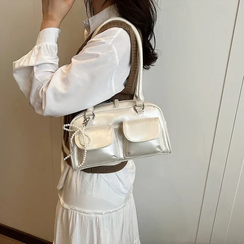 Solid Sewing Thread Fashion Glossy PU Shoulder Bags Baguette Versatile Hand Bags 2025 Hot Sale Bags for Women Bolsas Femininas