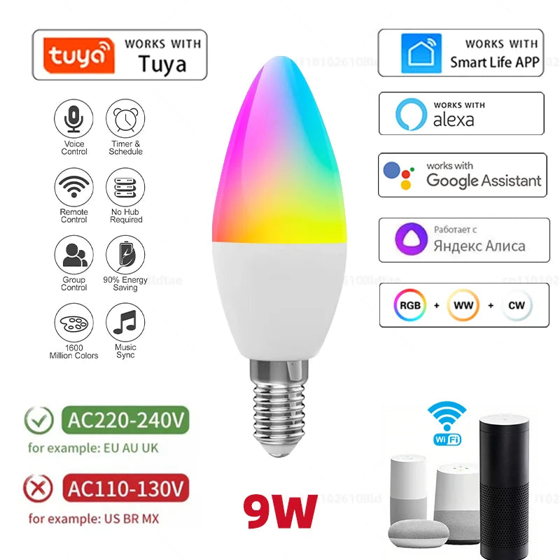 Tuya Wifi E14 Candle Lamp App Control Smart Bulb 5/7/9W RGB+CW LED Light Dimmable Crystal Group Lamps Works With Alexa Google