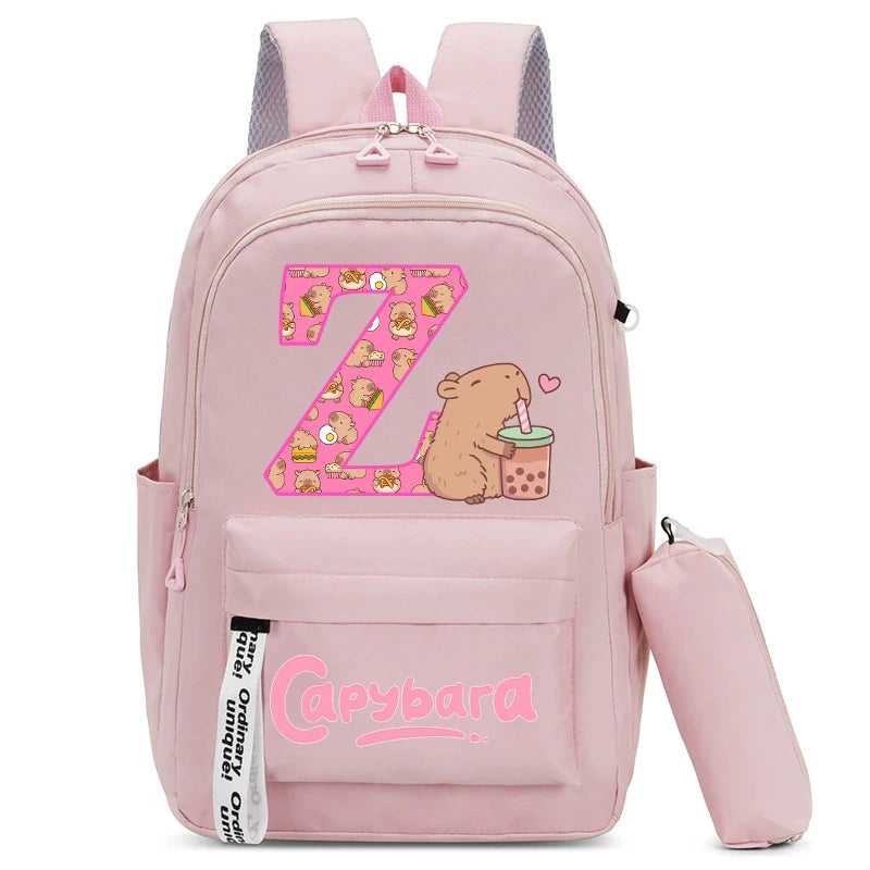Cute Capibara Kids Backpack with Pencil Case Capybara Kawaii Girls School Bag Stationery Pouch Children Letter A-Z Rucksack Gift