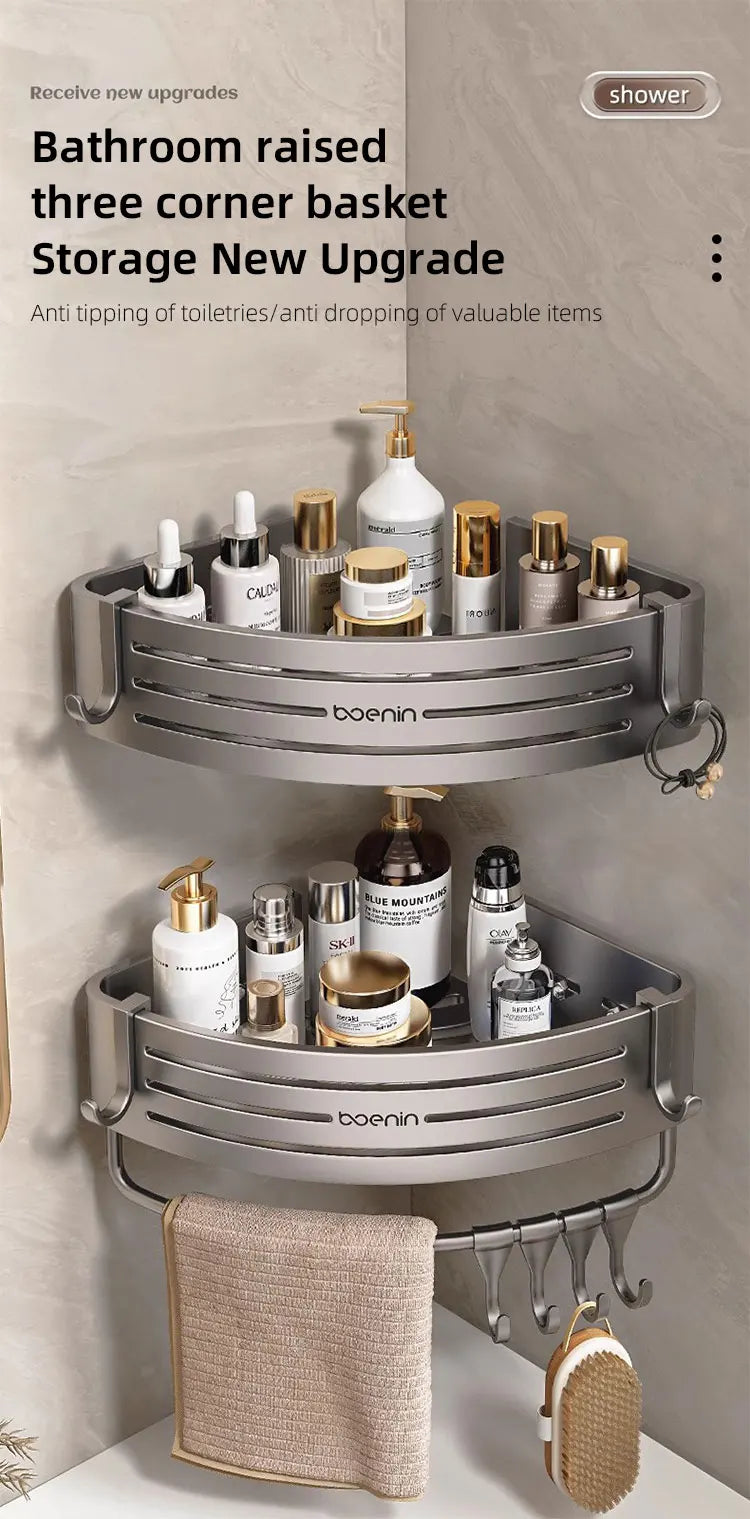No Drill Bathroom Corner Shelf Wall Mounted Shower Corner Shelves with Hook Towel Bar Space Aluminum Bathroom Organizer Rack