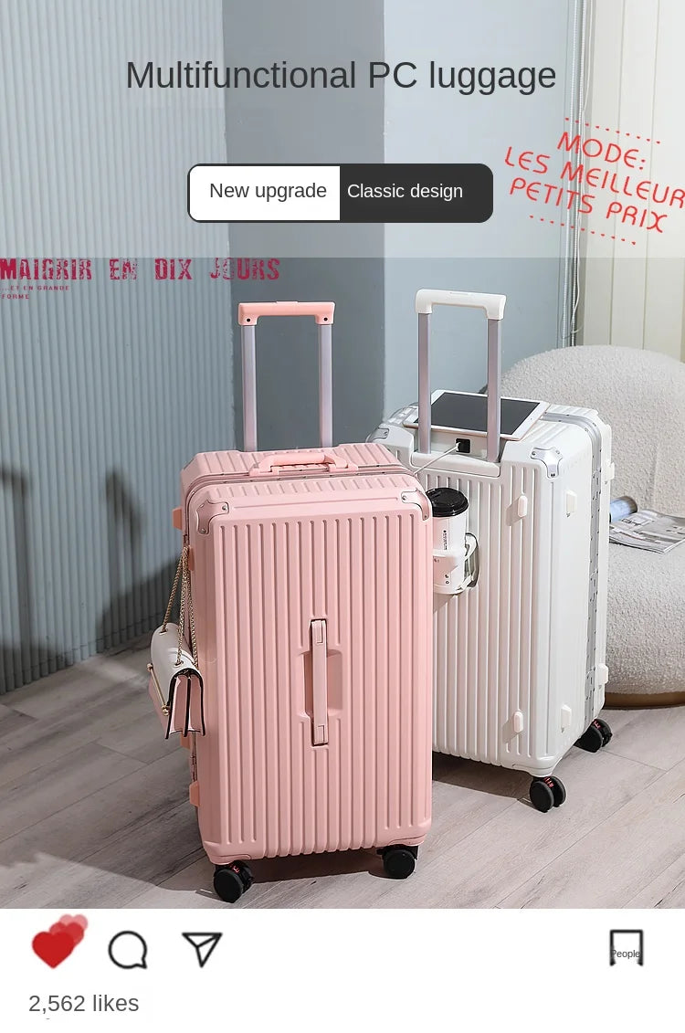 Large Capacity Travel Luggage Aluminum frame Suitcase Trolley Case 24/28/30 inch Travel Suitcase with Cup Holder Boarding Case