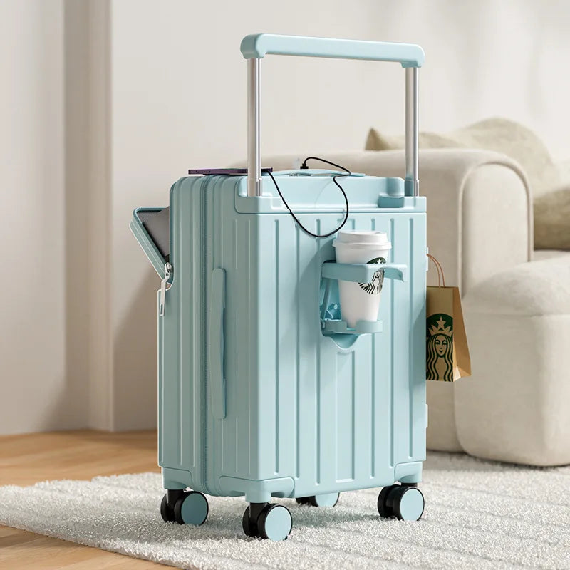 Travel Luggage Wide Tie Rod Suitcase Front Opening Laptop Boarding Case USB Charging 20"22"24"26 Inch Trolley Case with Wheels