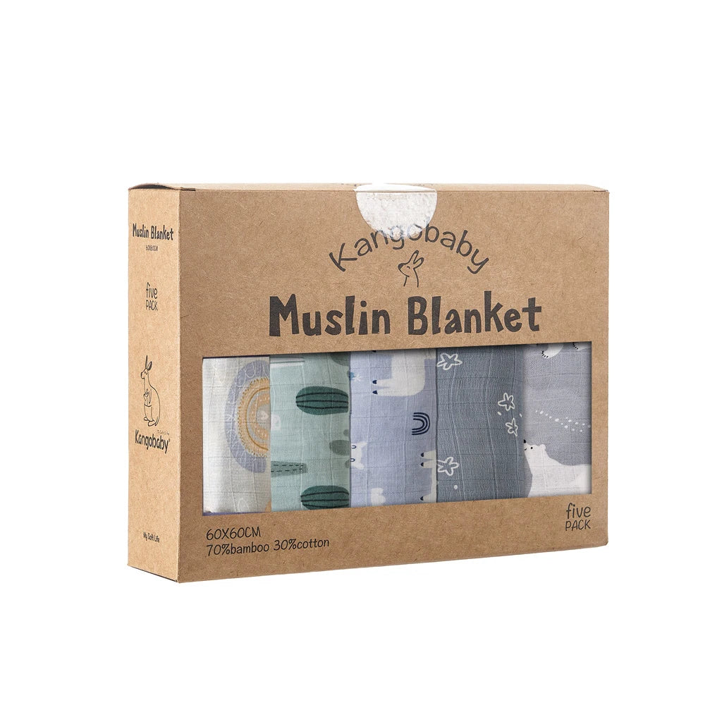Kangobaby #My Soft Life# 5 Pieces Pack Multi-Functional Bamboo Cotton Muslin Blanket Baby Burp Cloth Set