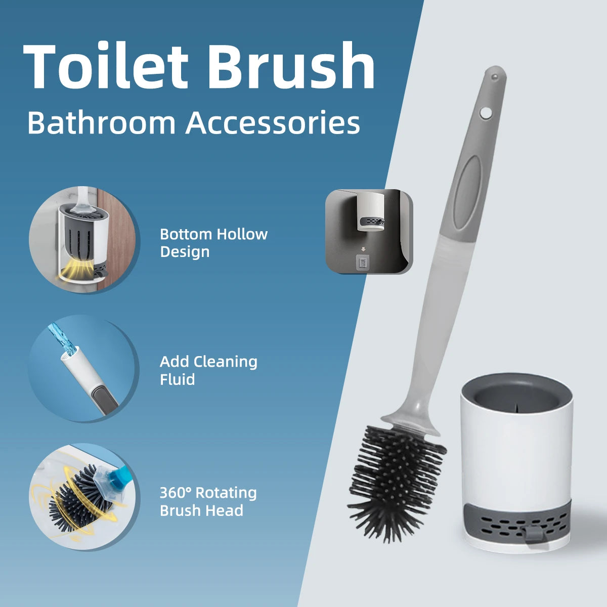 Toilet Brush Holder Set Silicone Toilet Brush with Refillable Handle Dispenser Bathroom Scrubber Cleaner Toilet Brush