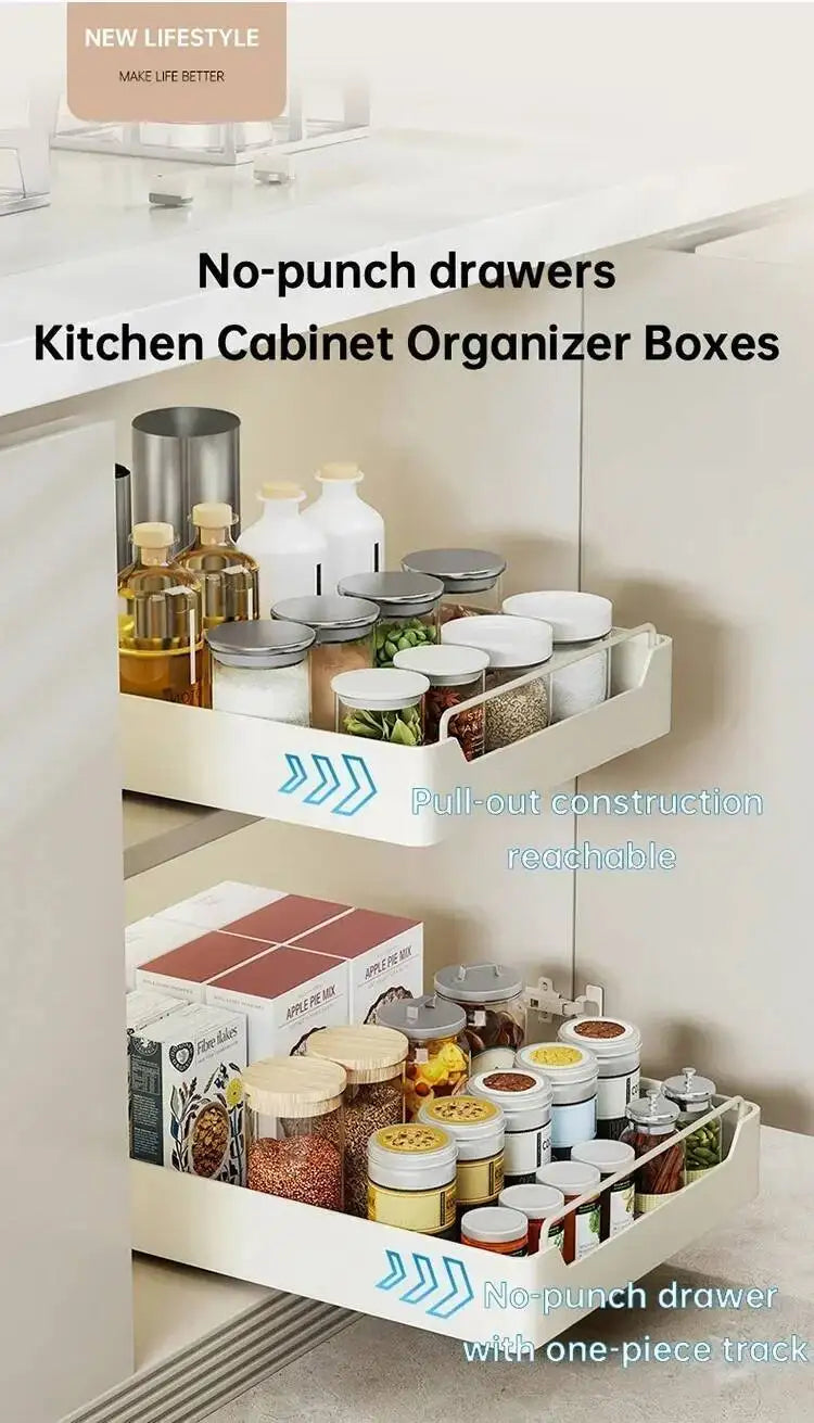 Box With Sliding Rail Pull-Out Cabinet Storage Rack Spice Pantry Shelves Drawer Kitchen Organizer Basket