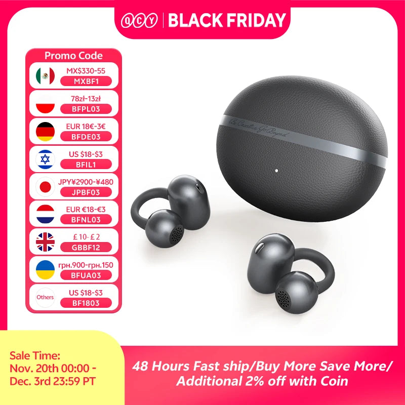 QCY Crossky C50 Open Ear Wireless Earbuds Bluetooth 6.0 Comfort Clip On Sports Earphone 4 Mic AI Clear Call Bass Boost Headphone