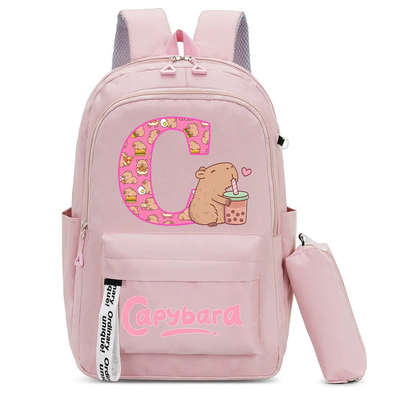 Cute Capibara Kids Backpack with Pencil Case Capybara Kawaii Girls School Bag Stationery Pouch Children Letter A-Z Rucksack Gift