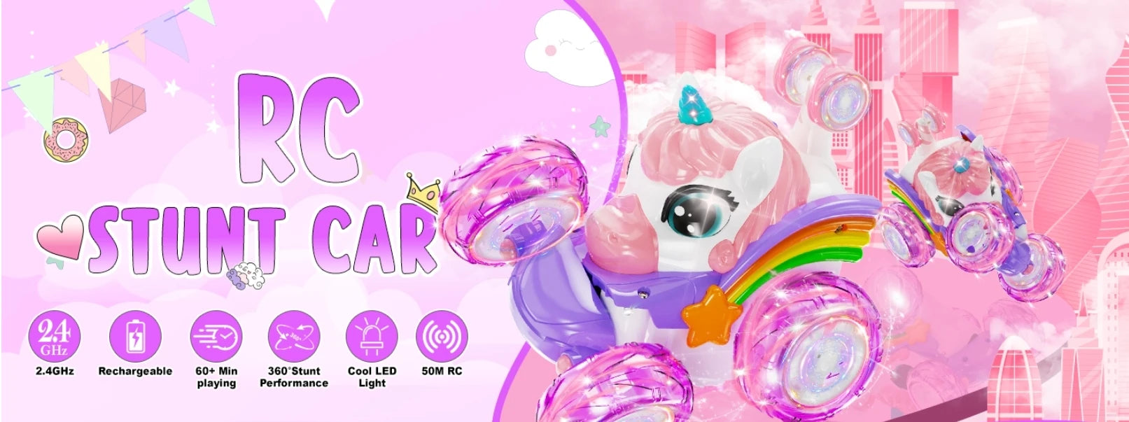 Unicorn Remote Control Car for Girls, 360° Rotating 4WD Stunt RC Cars with Cute Lights, Rechargeable Toys-Kid Birthday Gifts