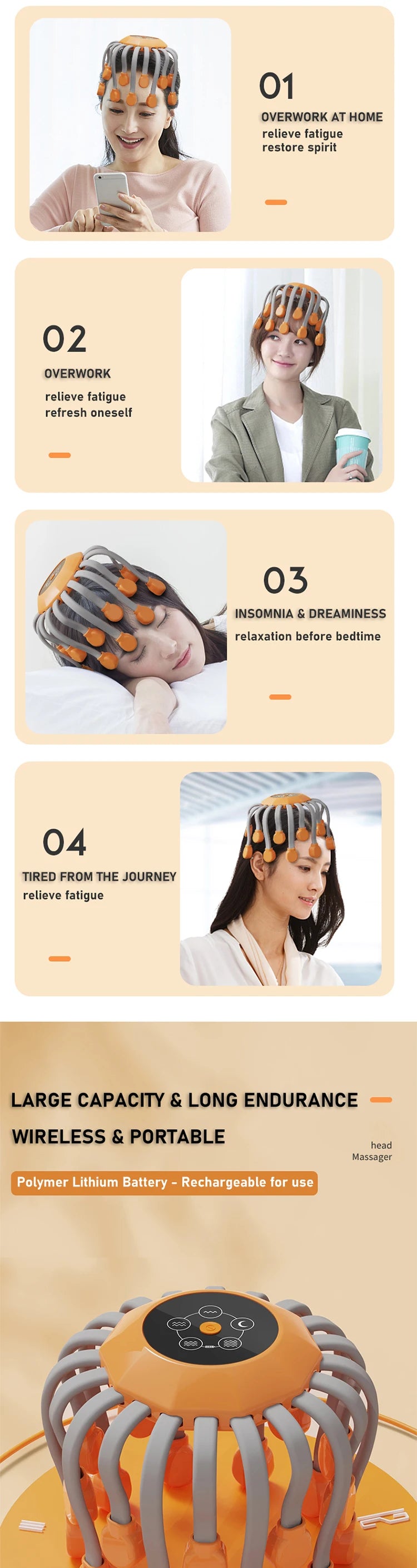 New Vibration Rechargeable Full Head Massager Spider Sleep Aid Electric Head Massage Machine Relieve Fatigu Relax Health Care