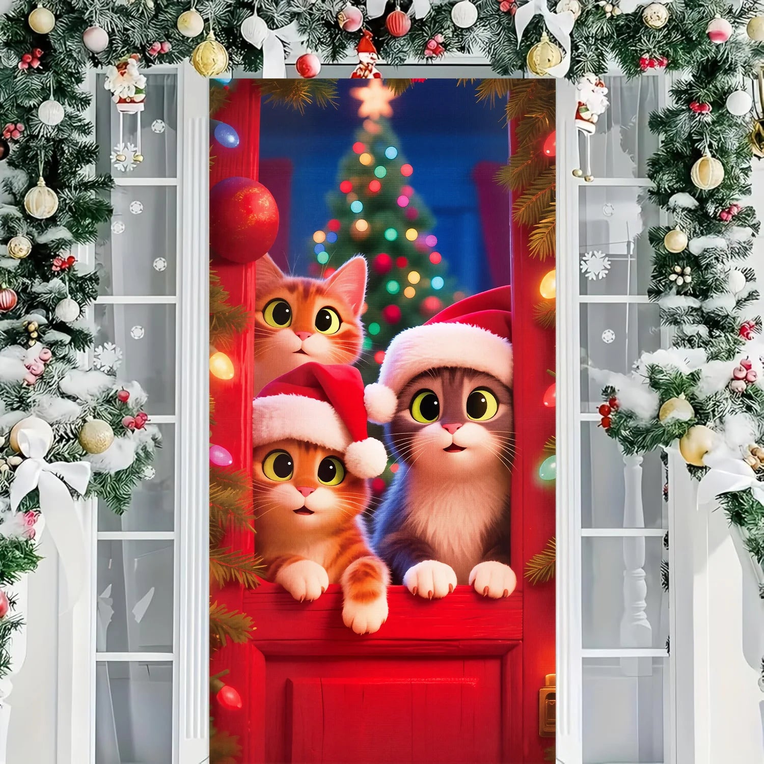 1pcs 2D Christmas Theme Door Cover Banner 2026 New Year Living room Decor Xmas Navidad Santa Snowman animals decor Favor Gift