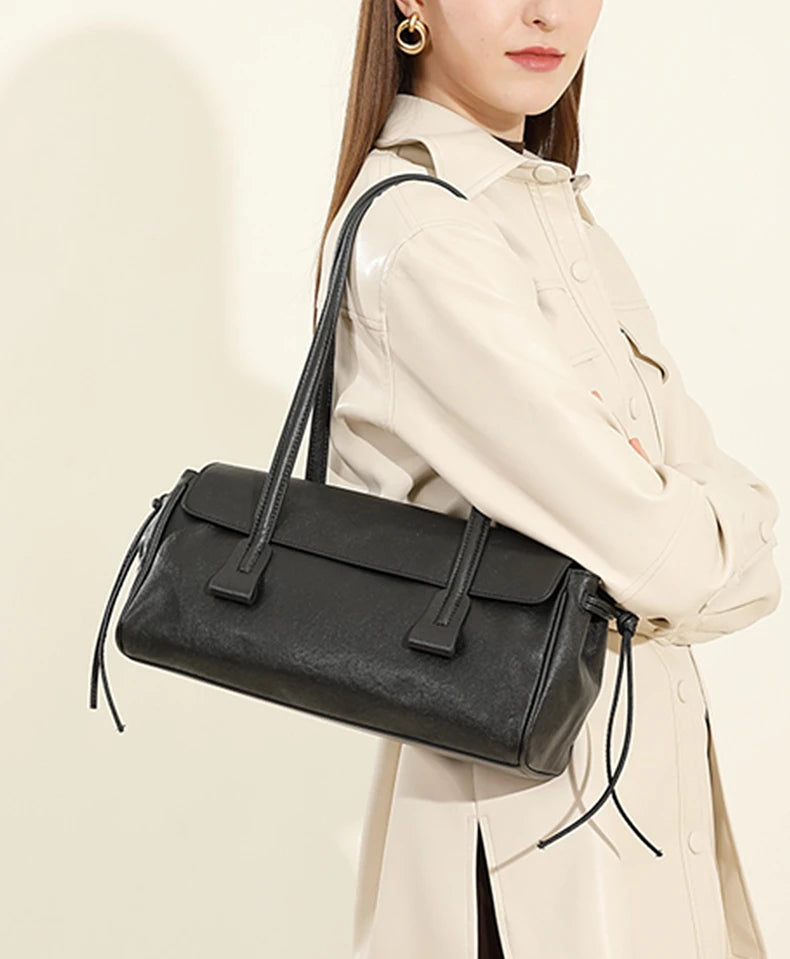 2025 New Genuine Leather Women's Shoulder Bag Large Capacity Cowhide Luxury Handbag Long Strip Black Baguette Bag Female