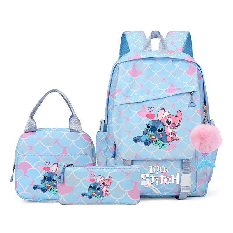 3Pcs Backpack Set Lilo Stitch Girl Kid Student Schoolbags Double Shoulder Bag Travel Pen Lunch Bag Kawaii Bookbag Laptop Bag Set