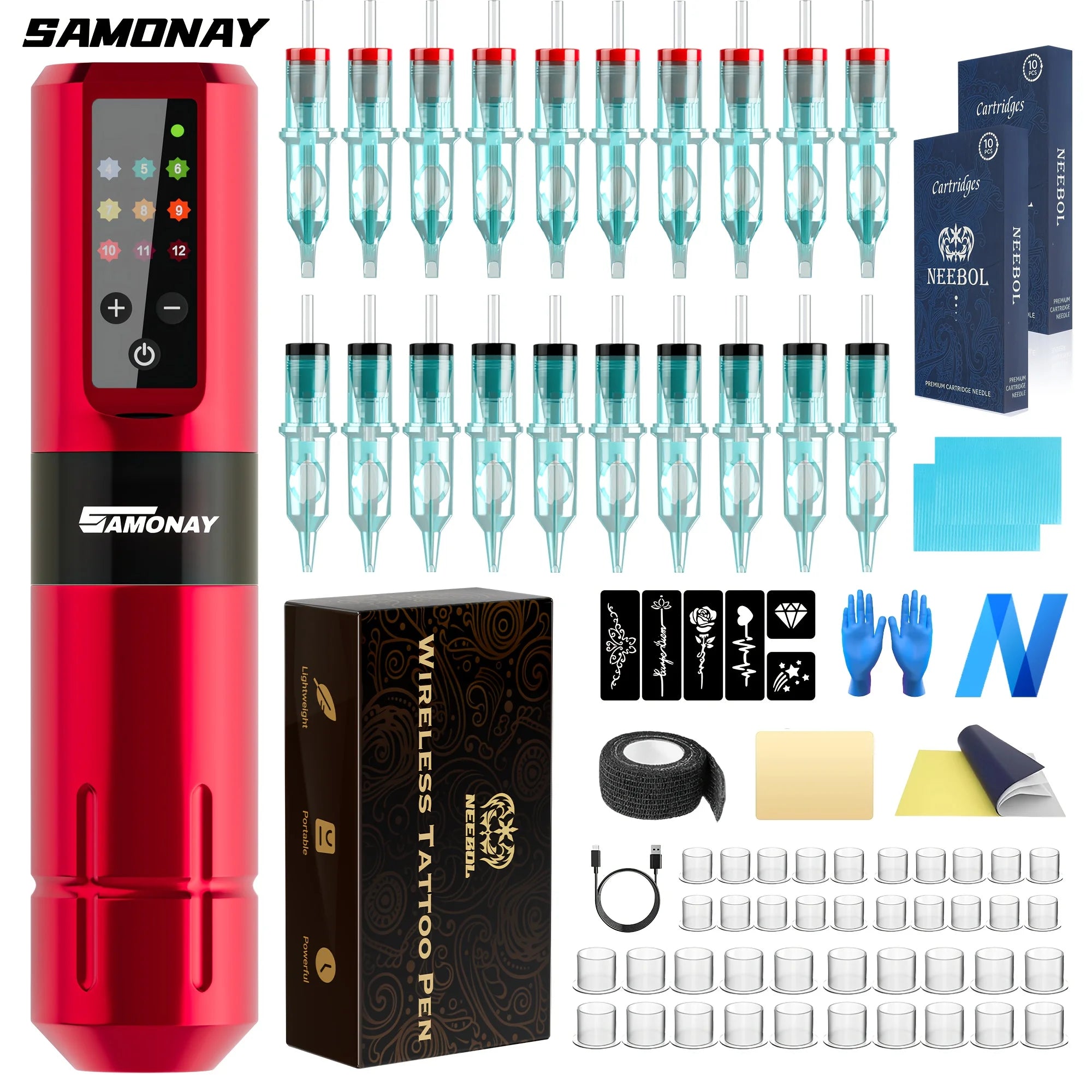 NeebolRotary Wireless Tattoo Machine Kit Complete Tattoo Set with 20PCS Cartridge Needle Permanent Makeup Tool for Tattoo Artist